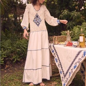 Carolina K Azul Sheer Crochet Cottagecore Bohemian Quarter Sleeve Maxi Dress S